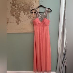 Peach maxi prom dress with jeweled top